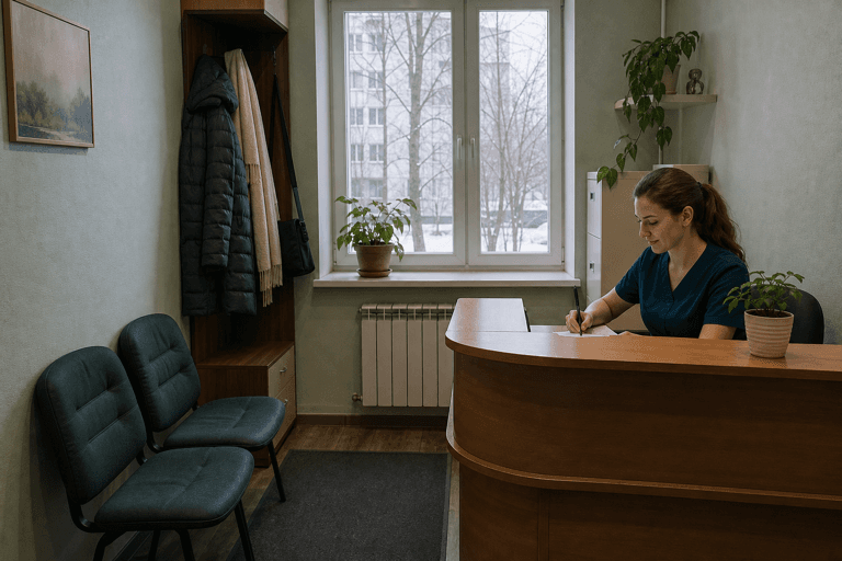 Зона приёма посетителей филиала «Наркология Москвы» по адресу: 117546, г Москва, Бирюлево Западное р-н, Востряковский пр-д, д 3А