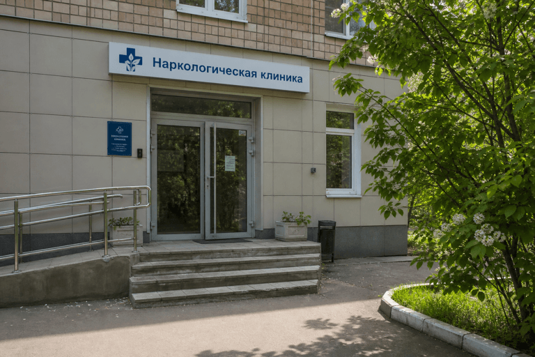 Вход филиала «Наркология Москвы» по адресу: 115230, г Москва, Варшавское шоссе, д 34Д