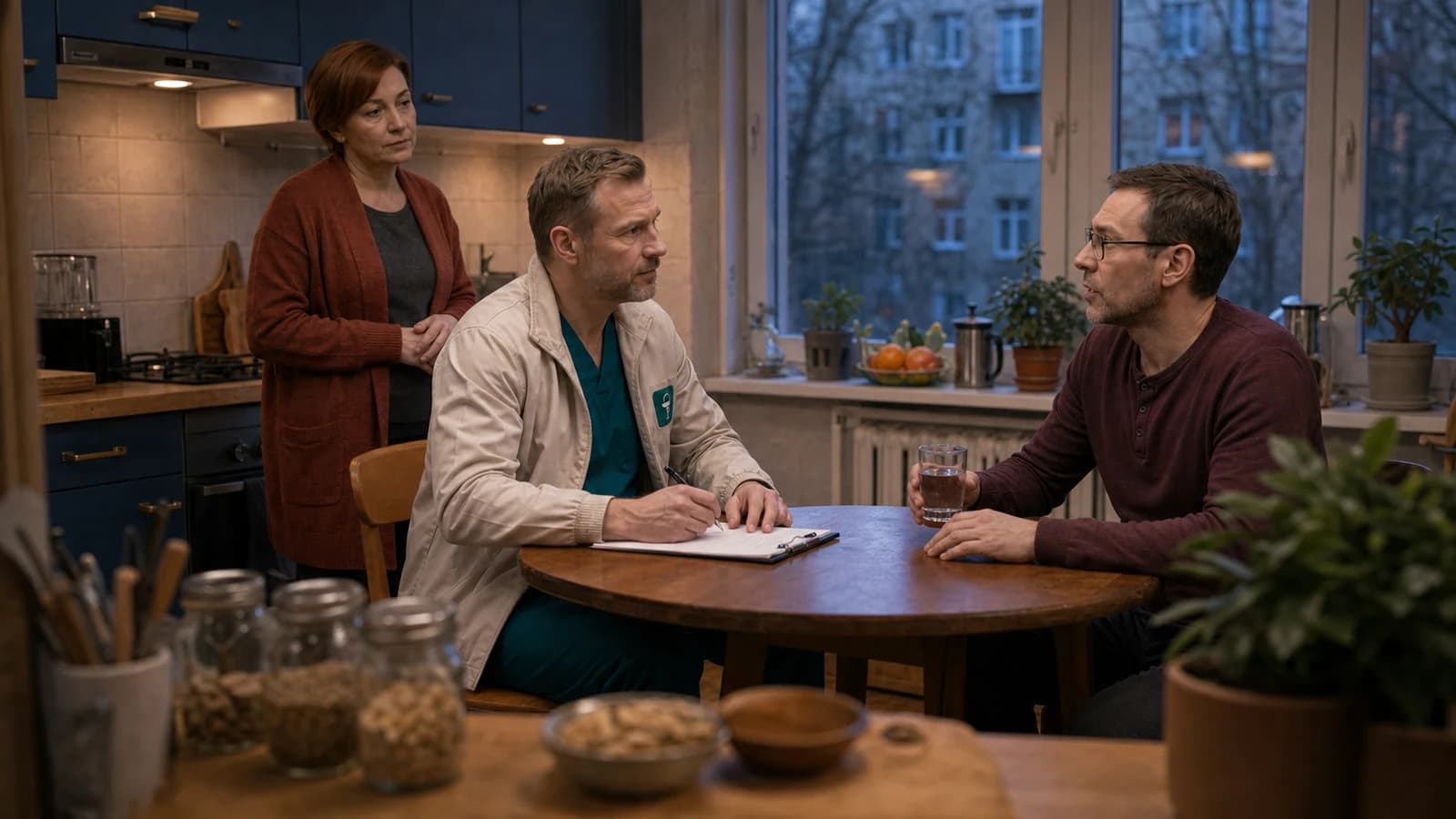 Врач беседует с пациентом и собирает анамнез перед капельницей от запоя