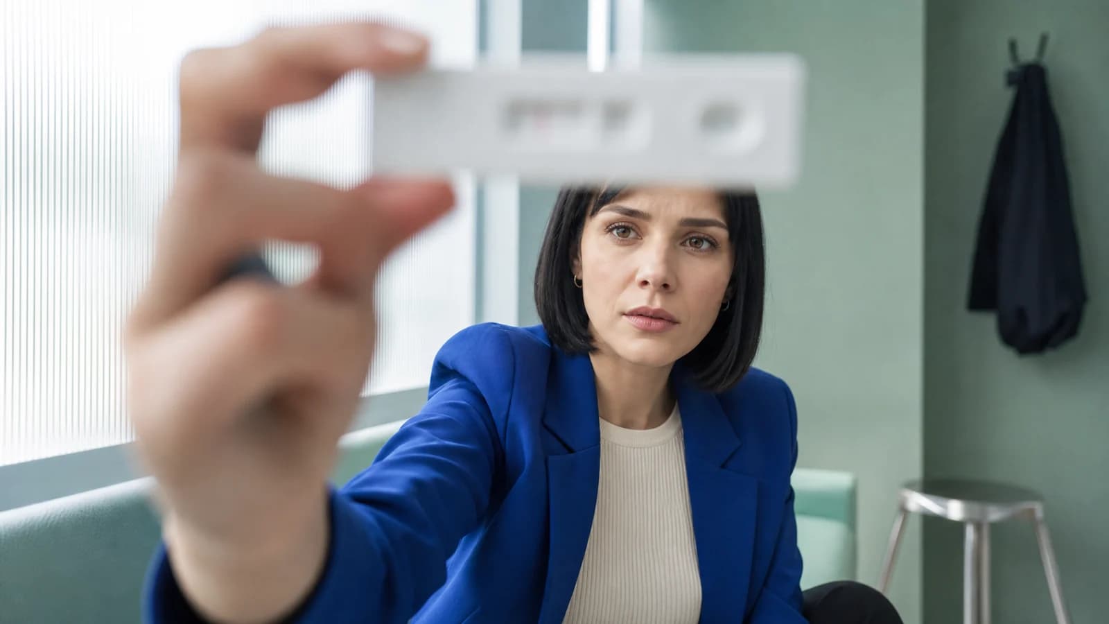 Пациентка рассматривает закрытый экспресс-тест в диагностическом кабинете