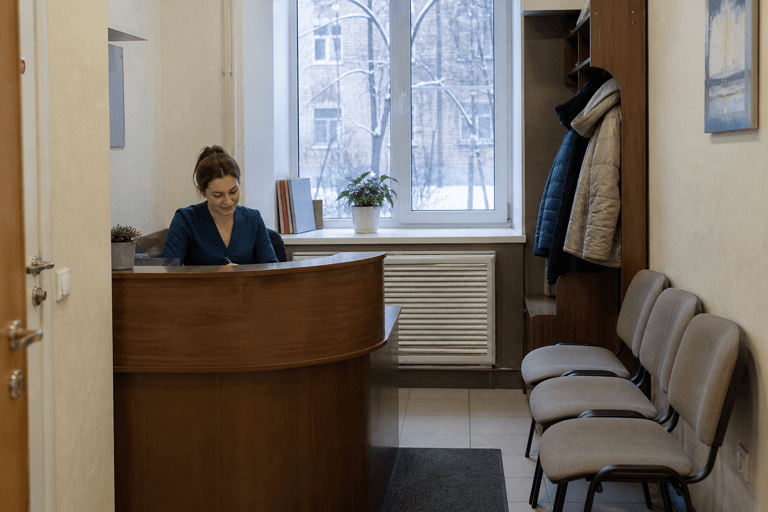 Зона приёма посетителей филиала «Наркология Москвы» по адресу: 105064, г Москва, Басманный р-н, ул Старая Басманная, д 14/2 стр 4