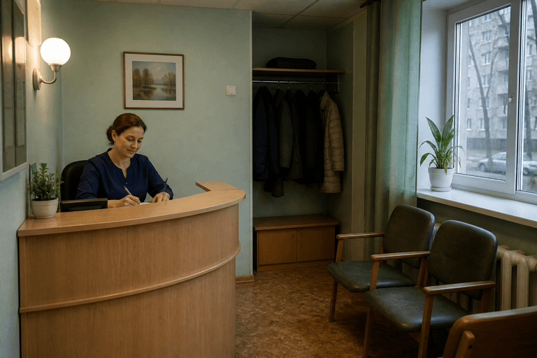 Зона приёма посетителей филиала «Наркология Москвы» по адресу: 125284, г Москва, Беговой р-н, Скаковая ал, д 9