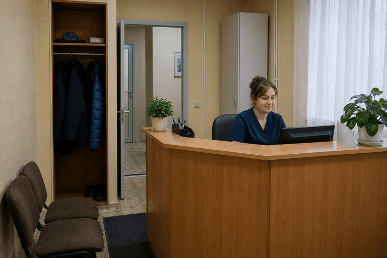 Зона приёма посетителей филиала «Наркология Москвы» по адресу: 142541, Московская обл, г Павловский Посад, пгт Большие Дворы, пер Фрунзе, д 2