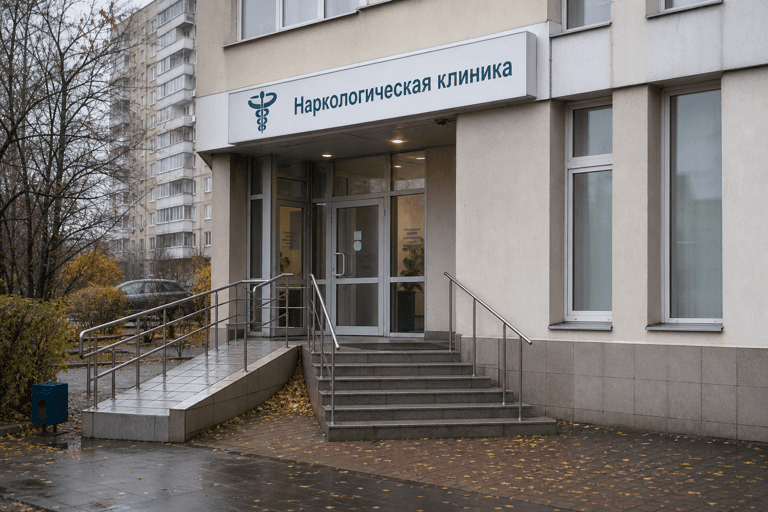 Вход филиала «Наркология Москвы» по адресу: 115191, г Москва, Даниловский р-н, Гамсоновский пер, д 1