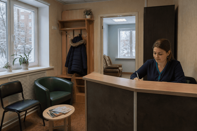 Зона приёма посетителей филиала «Наркология Москвы» по адресу: 143532, Московская обл, г Истра, г Дедовск, ул Фабричная ветка, д 15