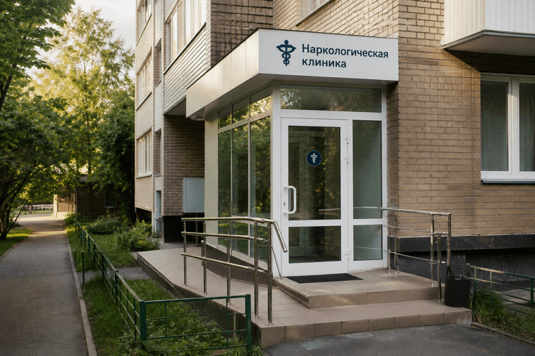 Вход филиала «Наркология Москвы» по адресу: 141701, Московская обл, г Долгопрудный, ул Первомайская, д 11 к А