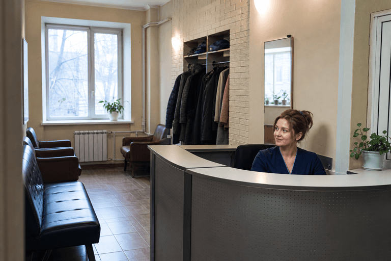 Зона приёма посетителей филиала «Наркология Москвы» по адресу: 125493, г Москва, Головинский р-н, ул Смольная, д 4 стр 2