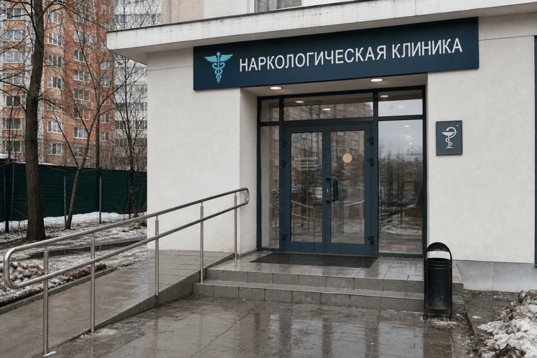 Вход филиала «Наркология Москвы» по адресу: 143402, Московская обл, г Красногорск, ул Школьная, д 9
