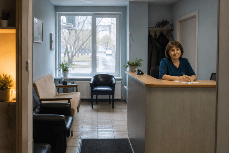Зона приёма посетителей филиала «Наркология Москвы» по адресу: 143402, Московская обл, г Красногорск, ул Школьная, д 9