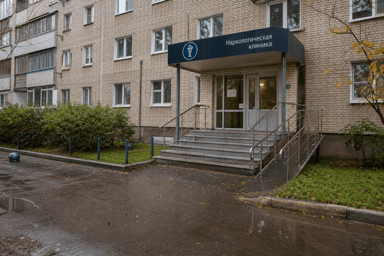 Вход филиала «Наркология Москвы» по адресу: 141570, Московская обл, г Солнечногорск, пгт Менделеево, ул Институтская, д 12