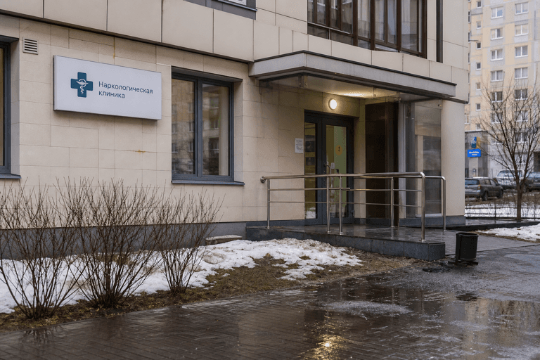 Вход филиала «Наркология Москвы» по адресу: 142721, Московская обл, г Видное, пгт Мисайлово, ул Первомайская, д 159