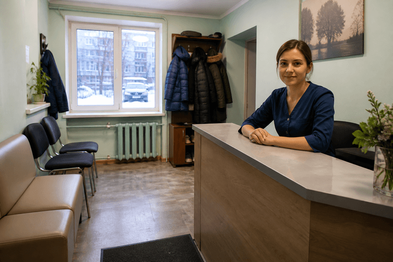 Зона приёма посетителей филиала «Наркология Москвы» по адресу: 141008, Московская обл, г Мытищи, ул Щербакова, д 15А
