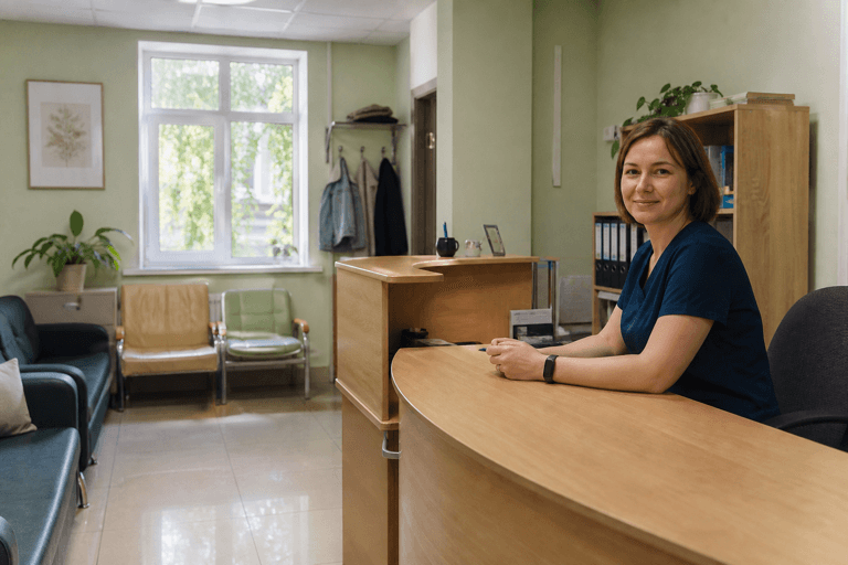 Зона приёма посетителей филиала «Наркология Москвы» по адресу: 141260, Московская обл, г Пушкино, пгт Правдинский, Степаньковское шоссе, д 17а
