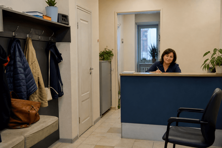 Зона приёма посетителей филиала «Наркология Москвы» по адресу: 127204, г Москва, Северный р-н, ул Арсюкова, д 20А/120