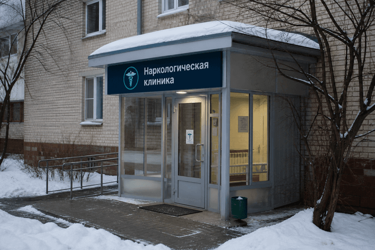 Вход филиала «Наркология Москвы» по адресу: 125362, г Москва, р-н Покровское-Стрешнево, ул Вишнёвая, д 7 стр 99