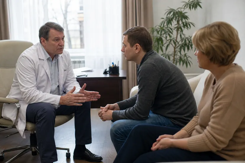 Нарколог консультирует пациента с зависимостью от дезоморфина