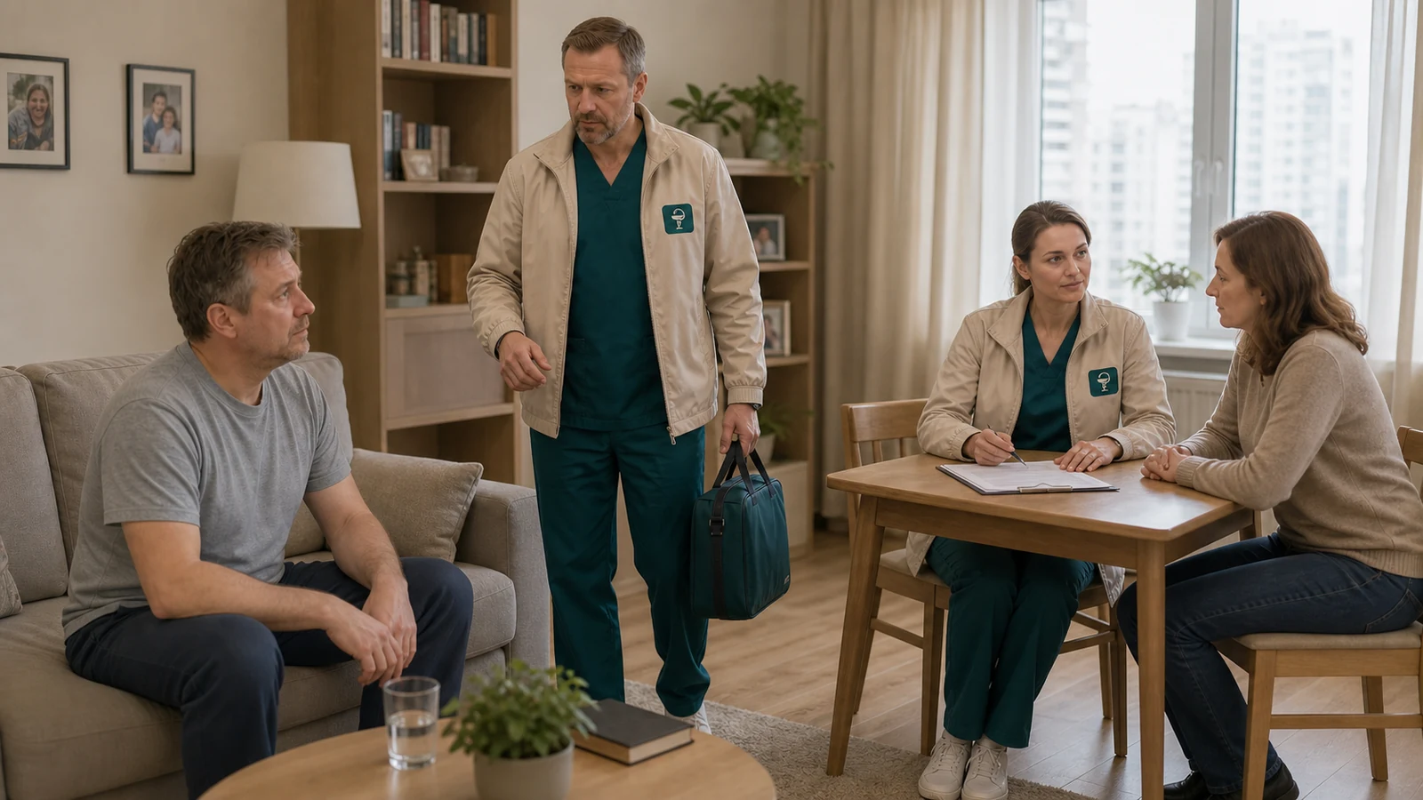 Врач-нарколог беседует с пациентом, пока администратор уточняет сведения у родственницы